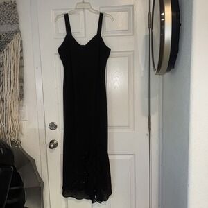 VTG R&M Richards beaded black maxi ruffle cocktail dress 90s flowy 12 Y2K LBD